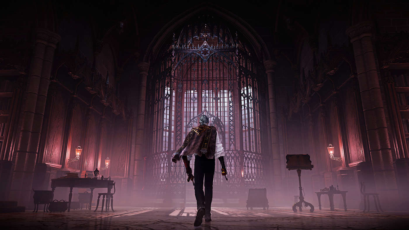 A Bloodsworn walking toward a tall iron cathedral gate.