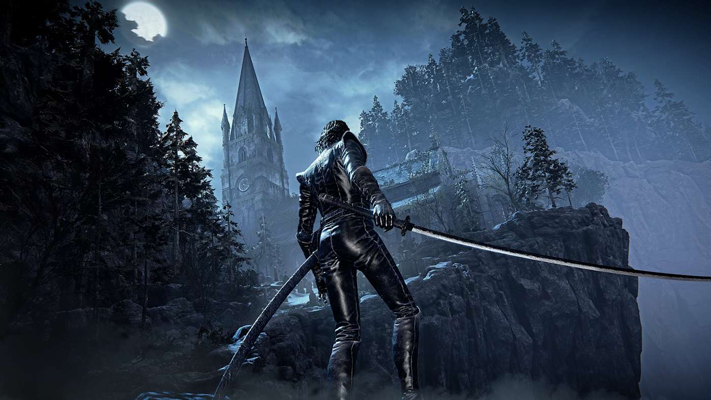 A Bloodsworn on a cliff overlooking a moonlit church.