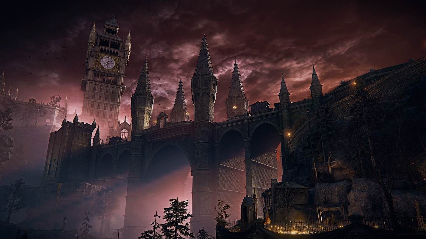 A clock tower and gothic viaduct under a red sky.