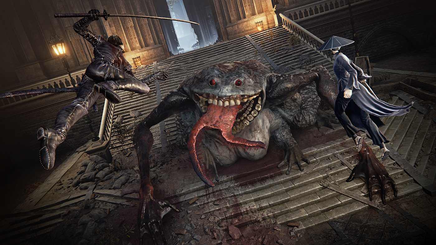 Two Bloodsworn attacking a giant frog-like foe on a stone stair.