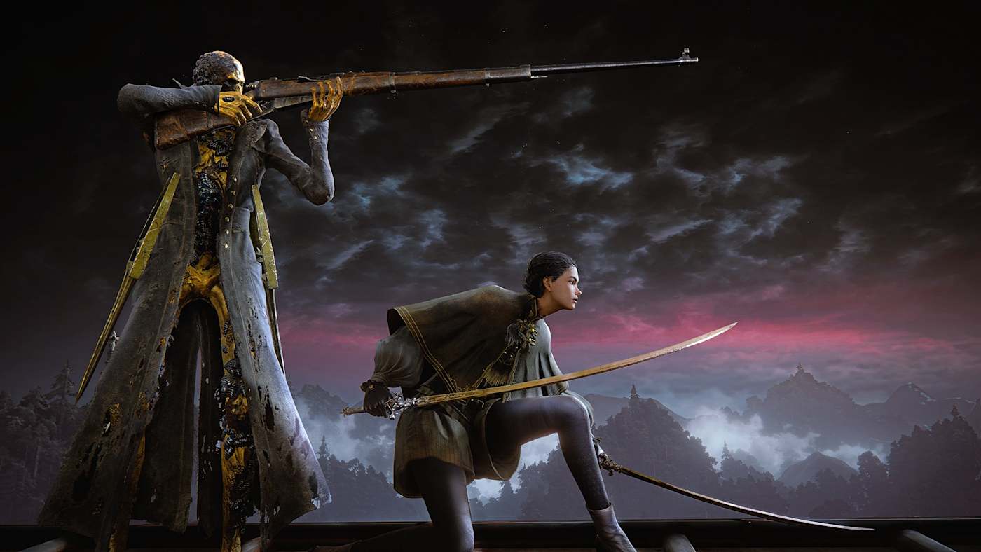 A rifle-bearing Bloodsworn standing over a kneeling swordsman against a red sky.