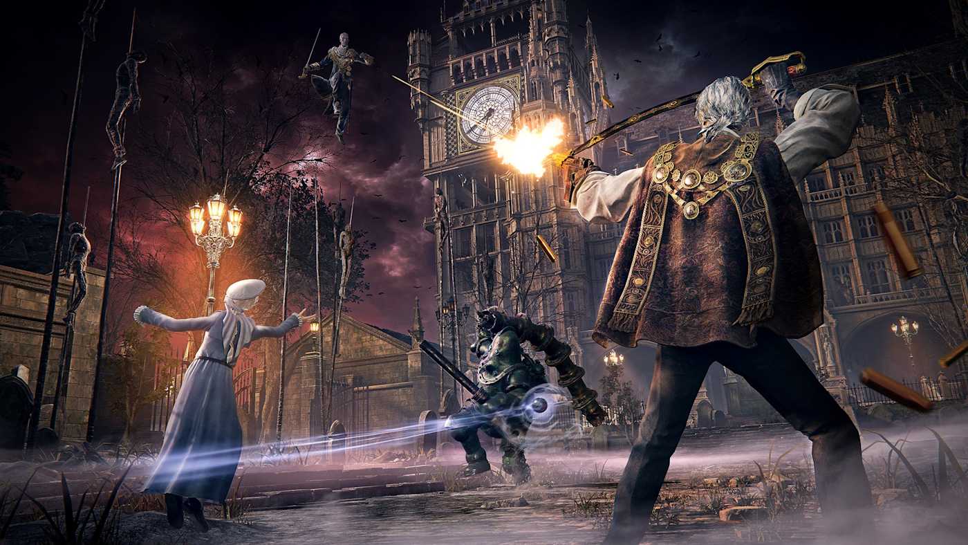 Bloodsworn fighting in a square before a clock tower, with gunfire and a leaping fighter overhead.