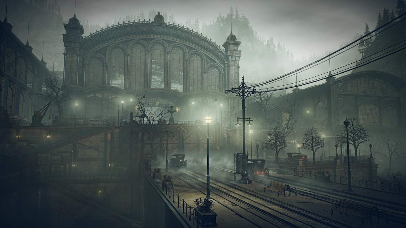 A fogged station and tram street in the Lands of Dusk.