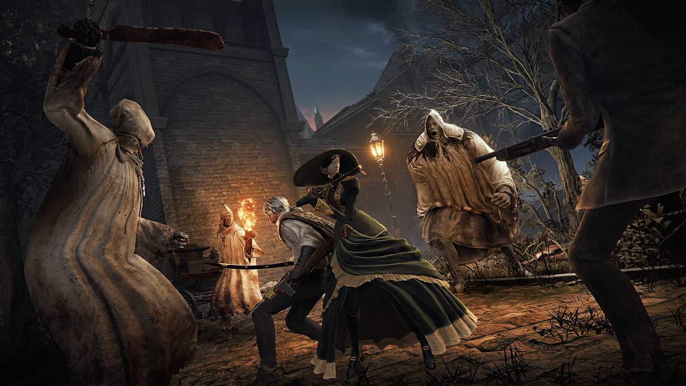Several Bloodsworn fighting hooded enemies in a brick street.